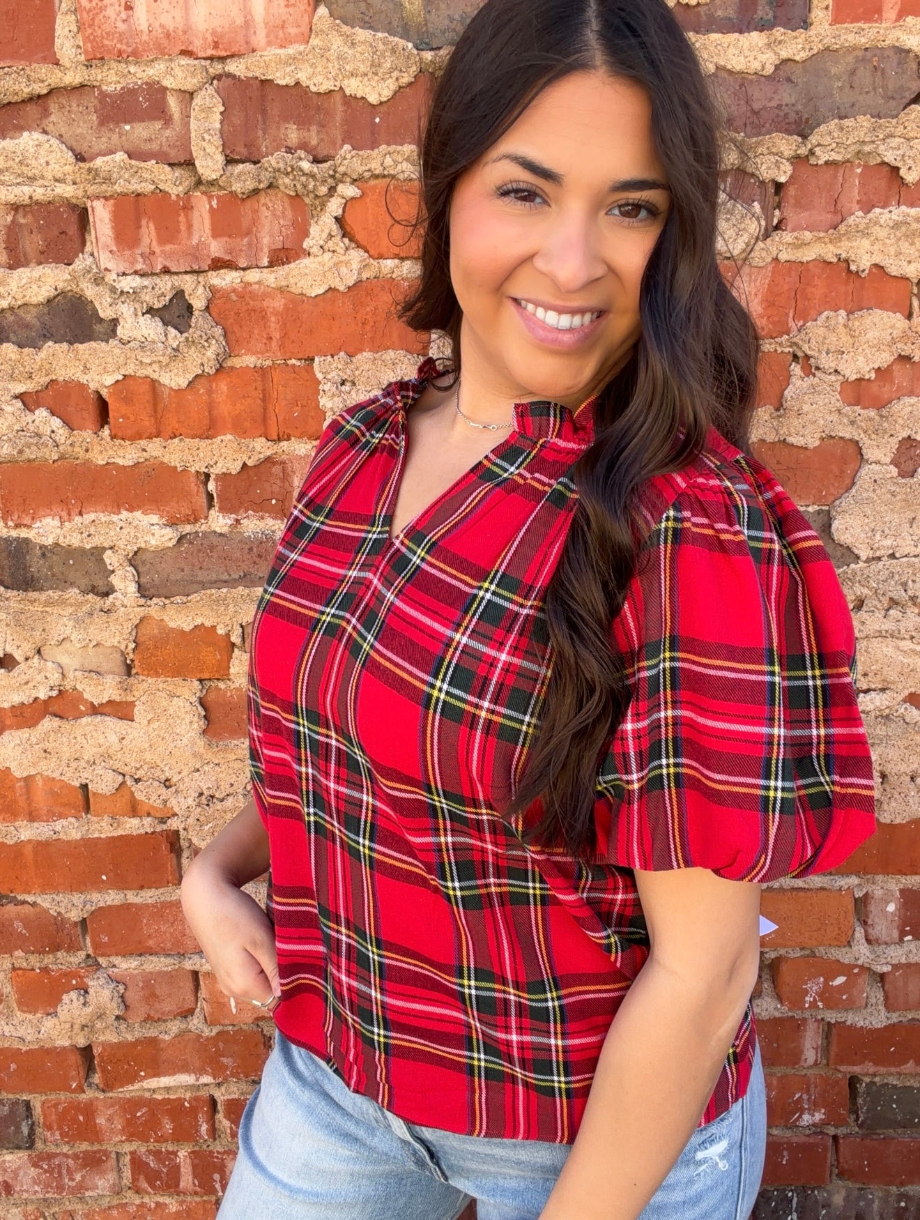 Christmas Plaid Ruffle V-Neck Top