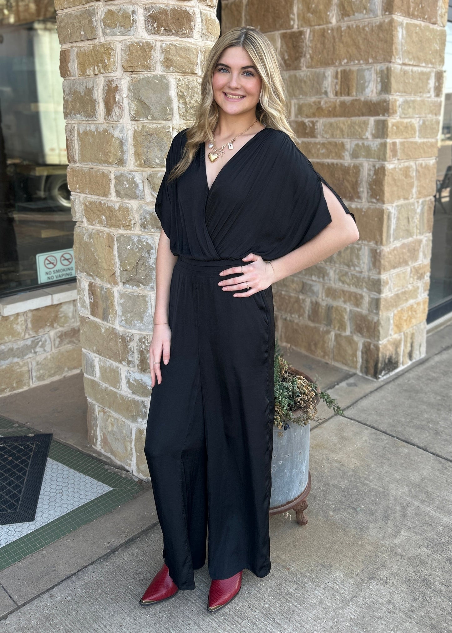 Jumpsuits | Black Split Sleeve Satin Elastic Waist