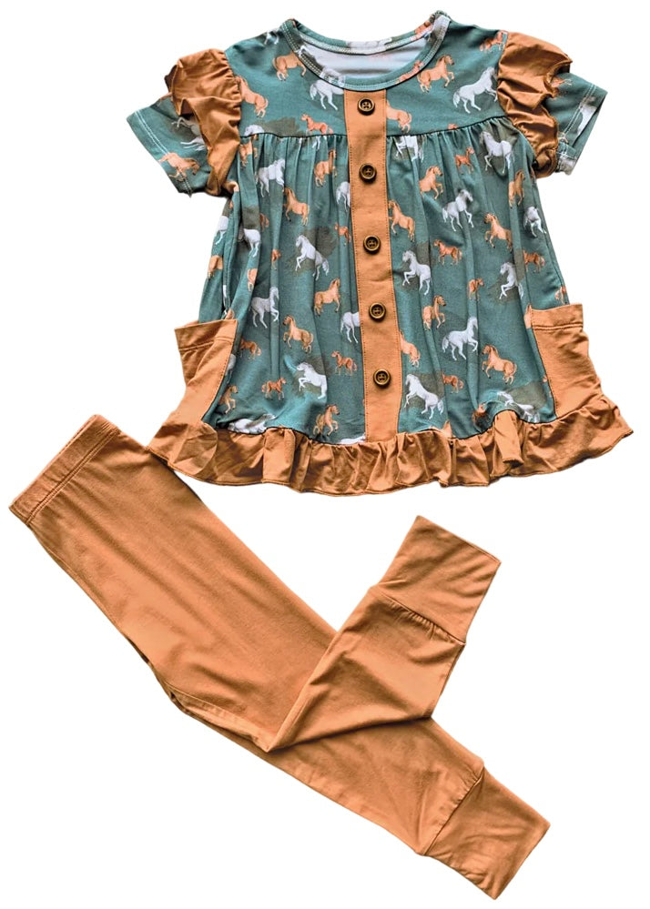 Girls | Ember Teal Bamboo Short Sleeve Peplum + Legging Set