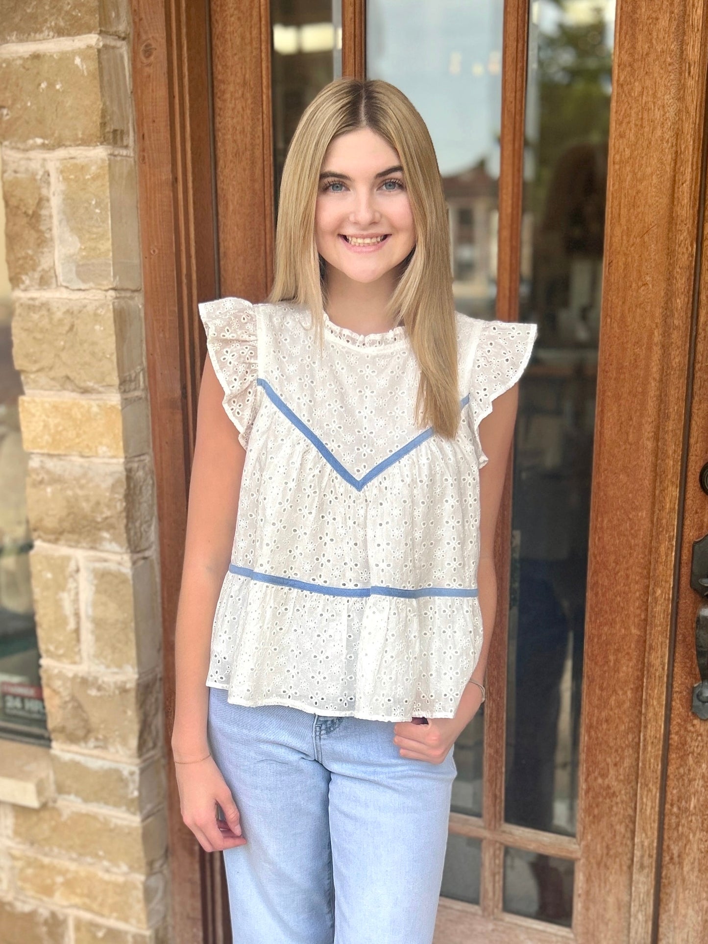 Tops | Blouse Off White Eyelet Blue Contrast Trim Short Ruffled Sleeve