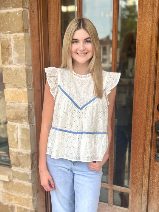 Tops | Blouse Off White Eyelet Blue Contrast Trim Short Ruffled Sleeve