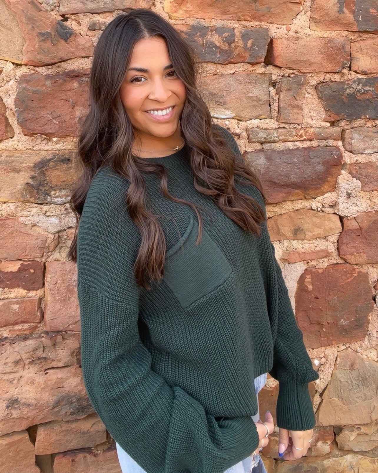 Tops | Sweater Dark Green Pocket Detailed Crew Neck