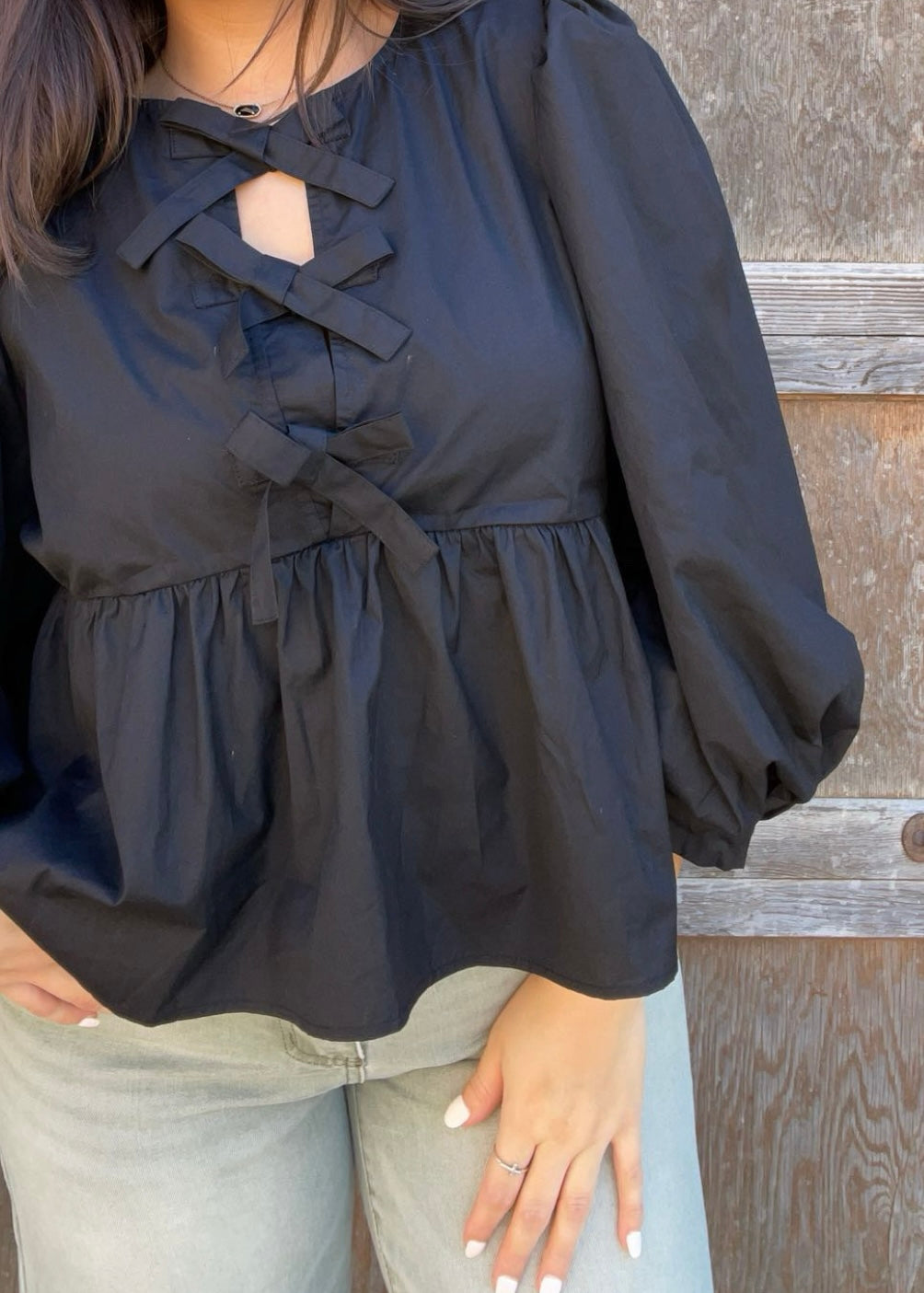 Top | Jodifl Blouse Black Bow Ties Peplum Waist