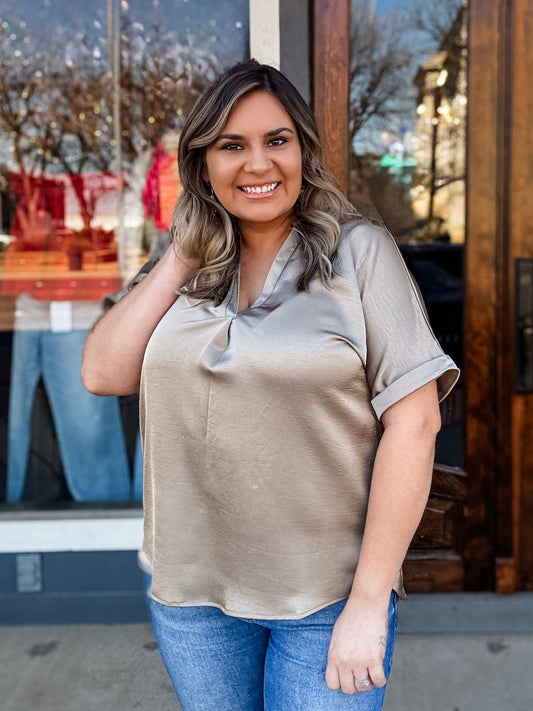 Blouse - Mocha V-Neck Placket