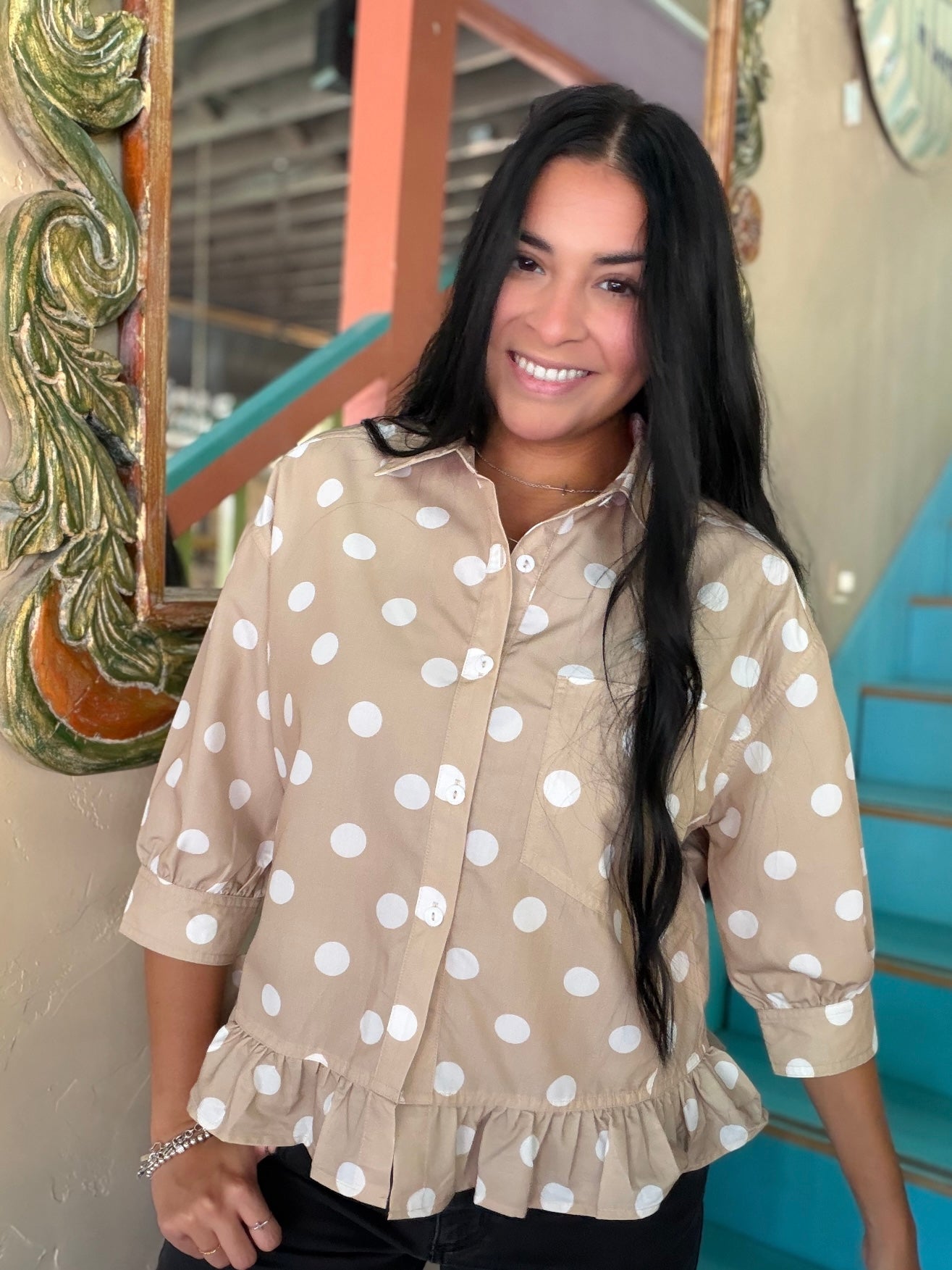 Blouse - Latte Polka Dot Ruffle