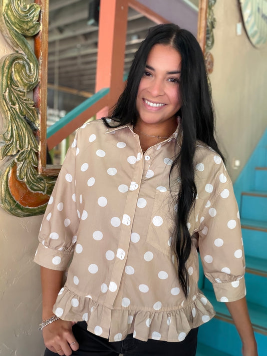Blouse - Latte Polka Dot Ruffle