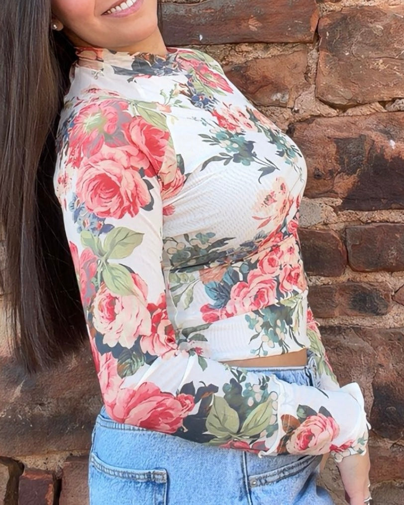 Top - Floral Print Mesh Mock-Neck