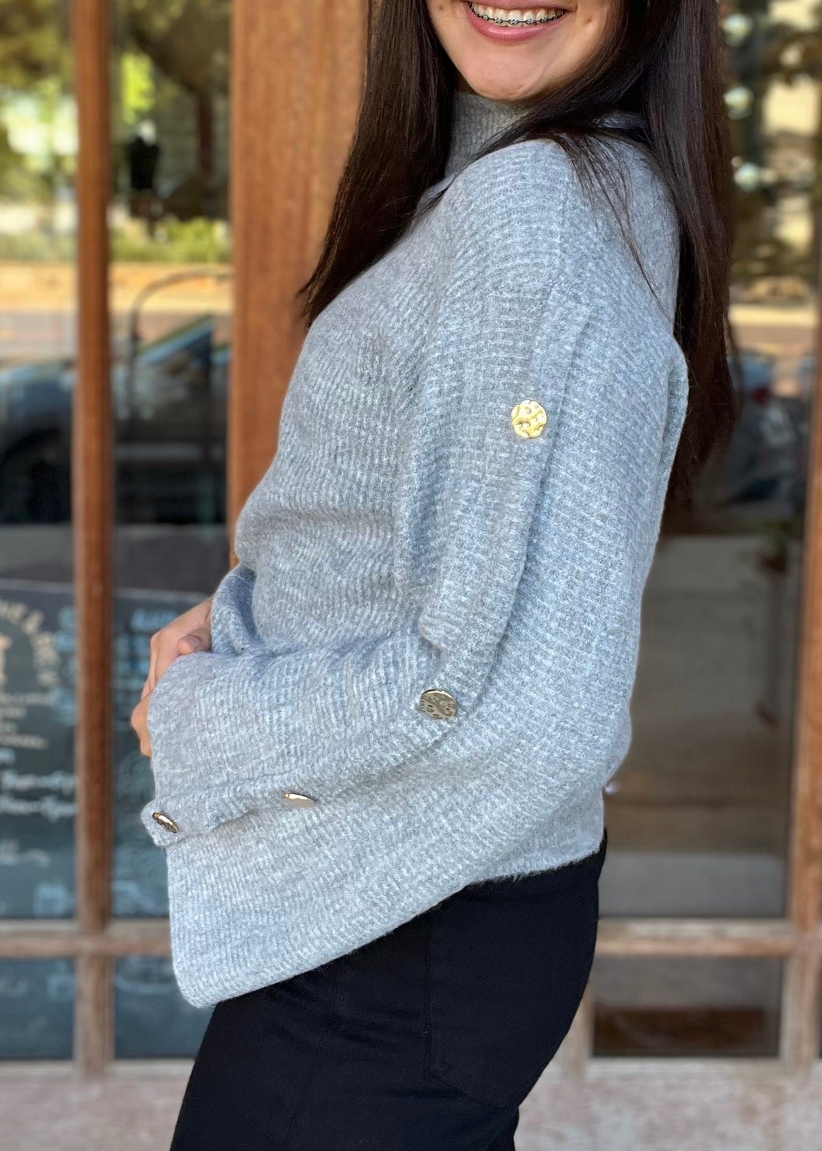 Top | THML Turtleneck Sweater Gray  Gold Buttons on Bell Sleeve