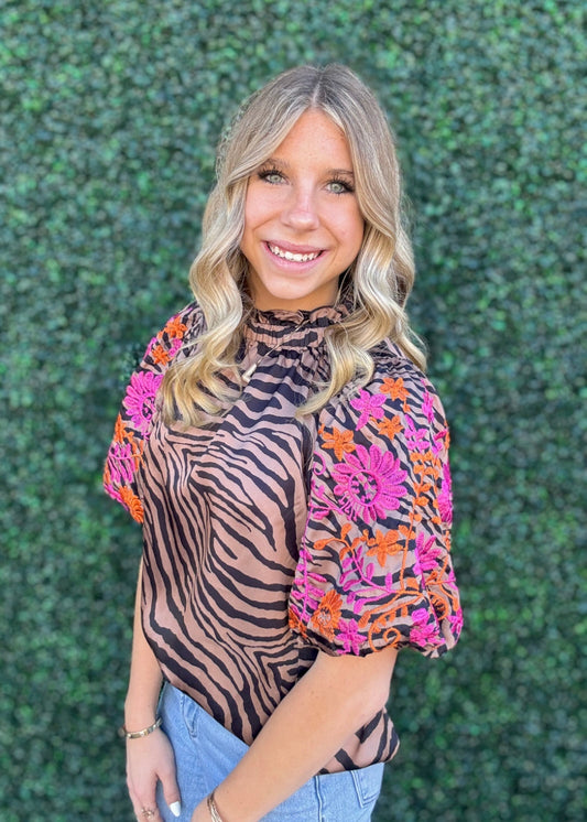 Top | THML Blouse Embroidered Puff Sleeve Animal Print