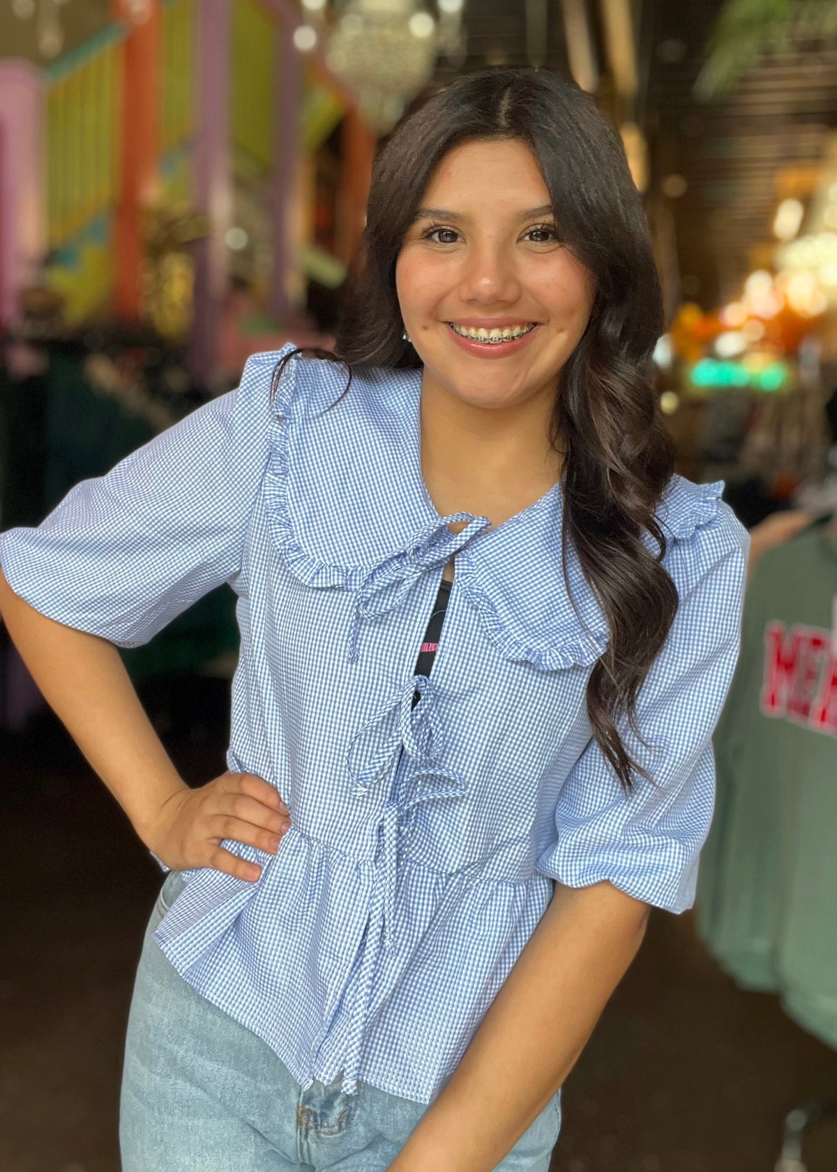 Top | Blouse Tie Front Blue Gingham Oversized Frilled Collar