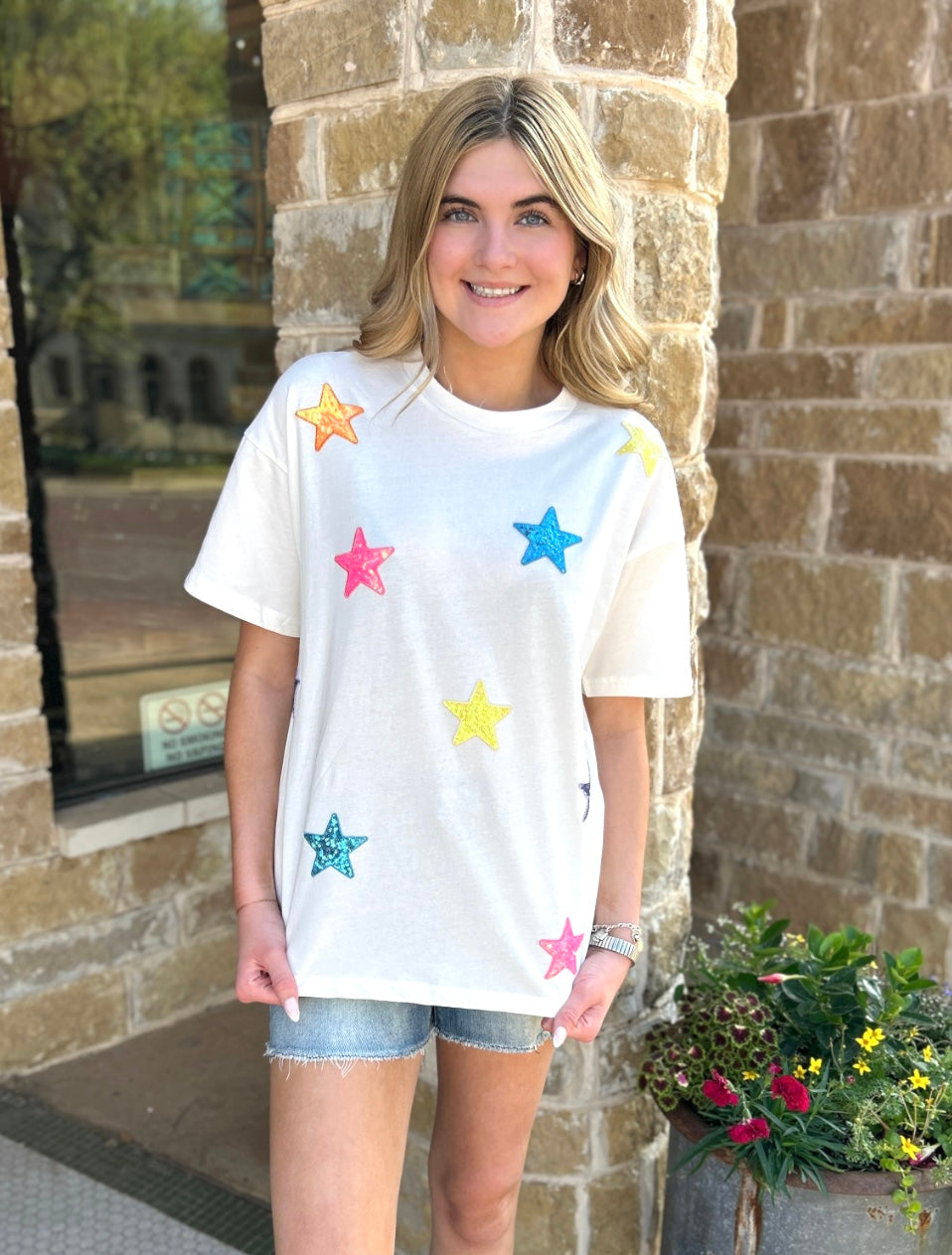 Tops | Tee Colorful Star Sequin Crew Neck Knit