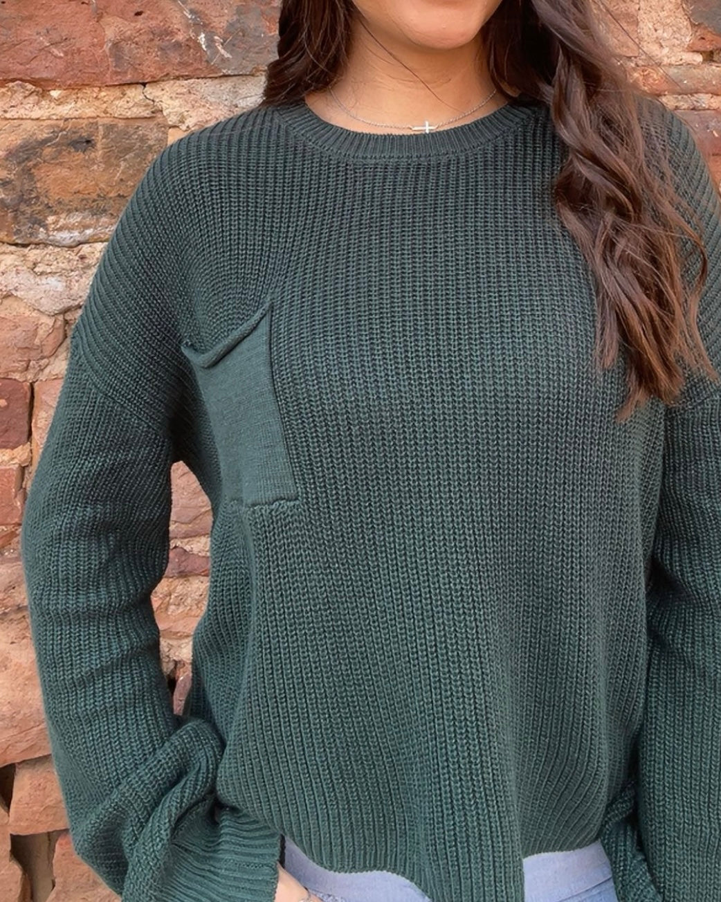 Tops | Sweater Dark Green Pocket Detailed Crew Neck
