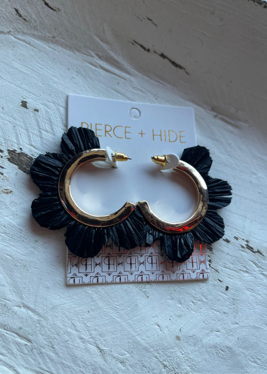 Earrings | Black Raffia Petal Hoop Earrings - Scalloped Hoops