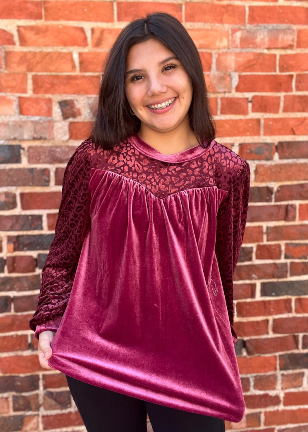 Top | Jodifl Blouse Burgundy Colorblock Leopard Print Velvet