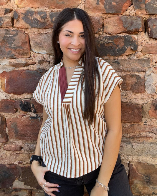 Top | THML Brown Blouse Contrast V-Neck Striped