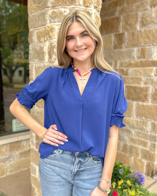 Royal Blue Solid V-Neck Cuff Sleeve Loose Blouse