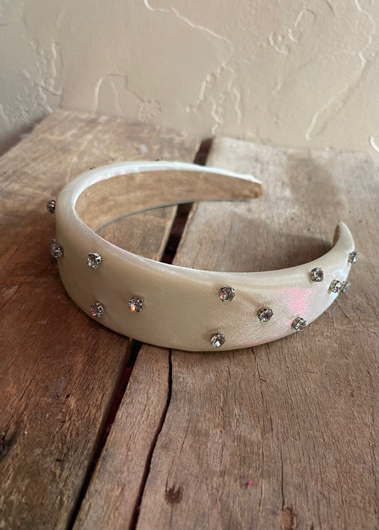 Hair Accessory | Ivory Silk with Clear Rhinestones Flat Headband