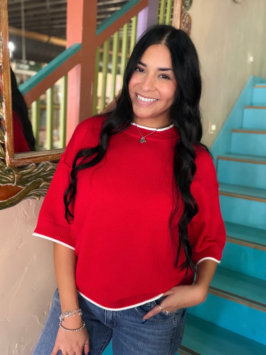 Sweater - Red & White Contrast Trim