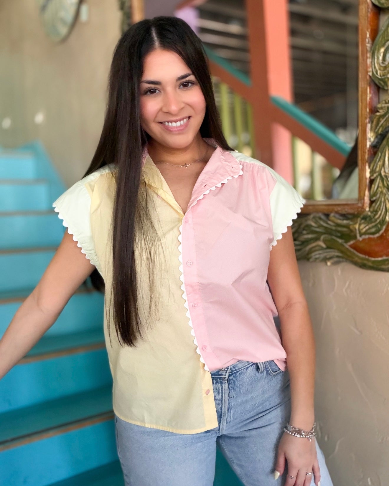 Colorblock Ric Rac Trim Blouse