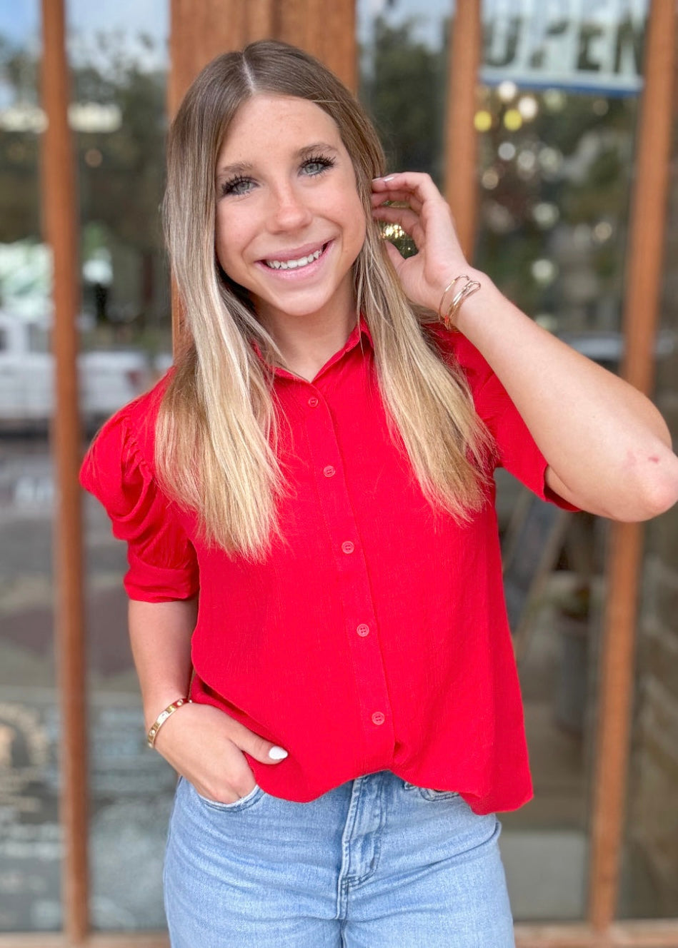 Top | Blouse Red Puff Short Sleeve V-Neck Button Down