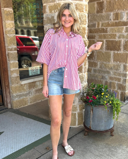Red Button Down High Low Stripe Top