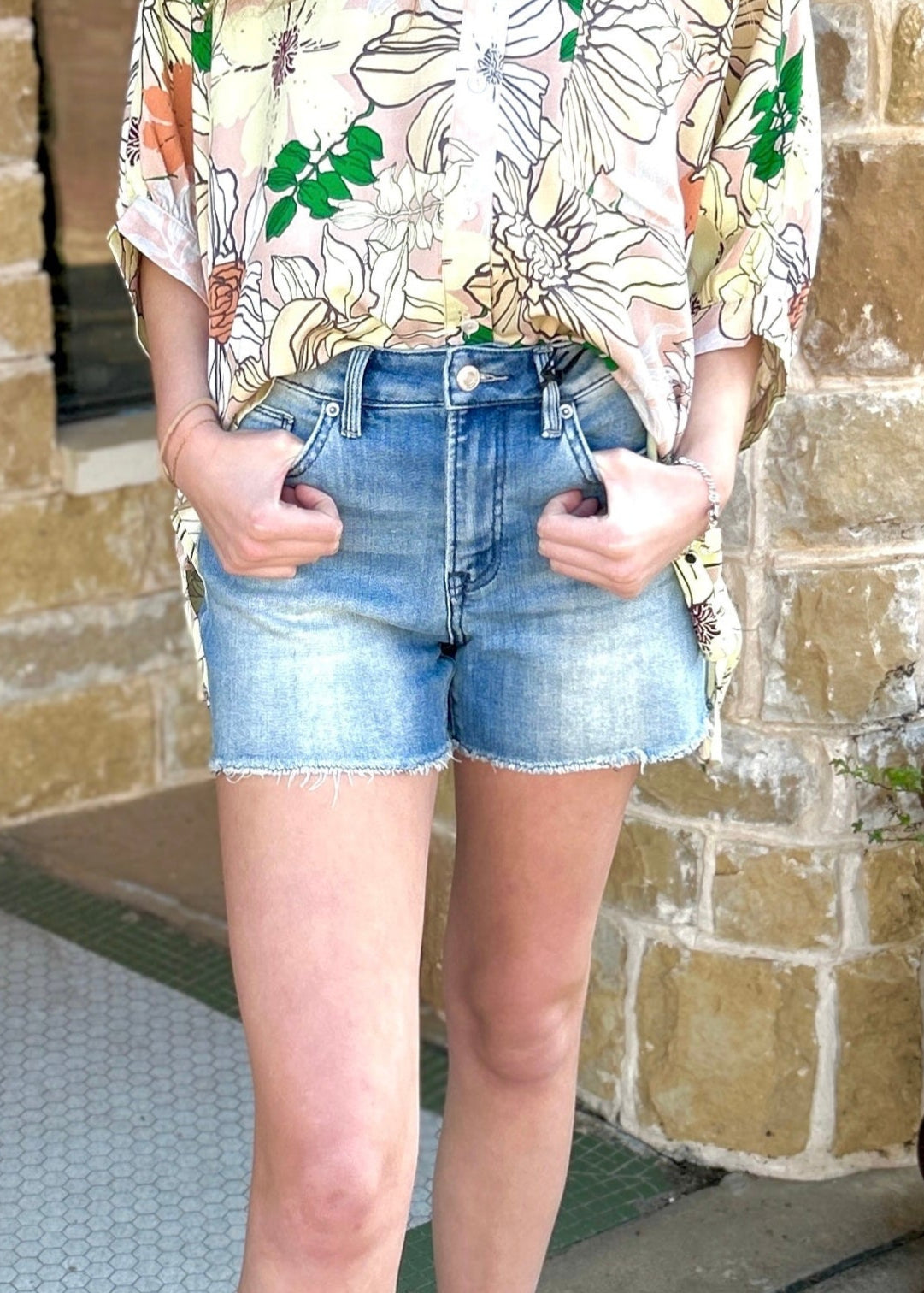 Mica Denim High Rise Frayed Hem Shorts