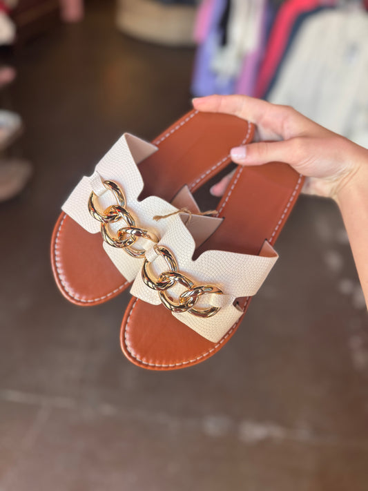 White Leather with Gold Chain Sandals