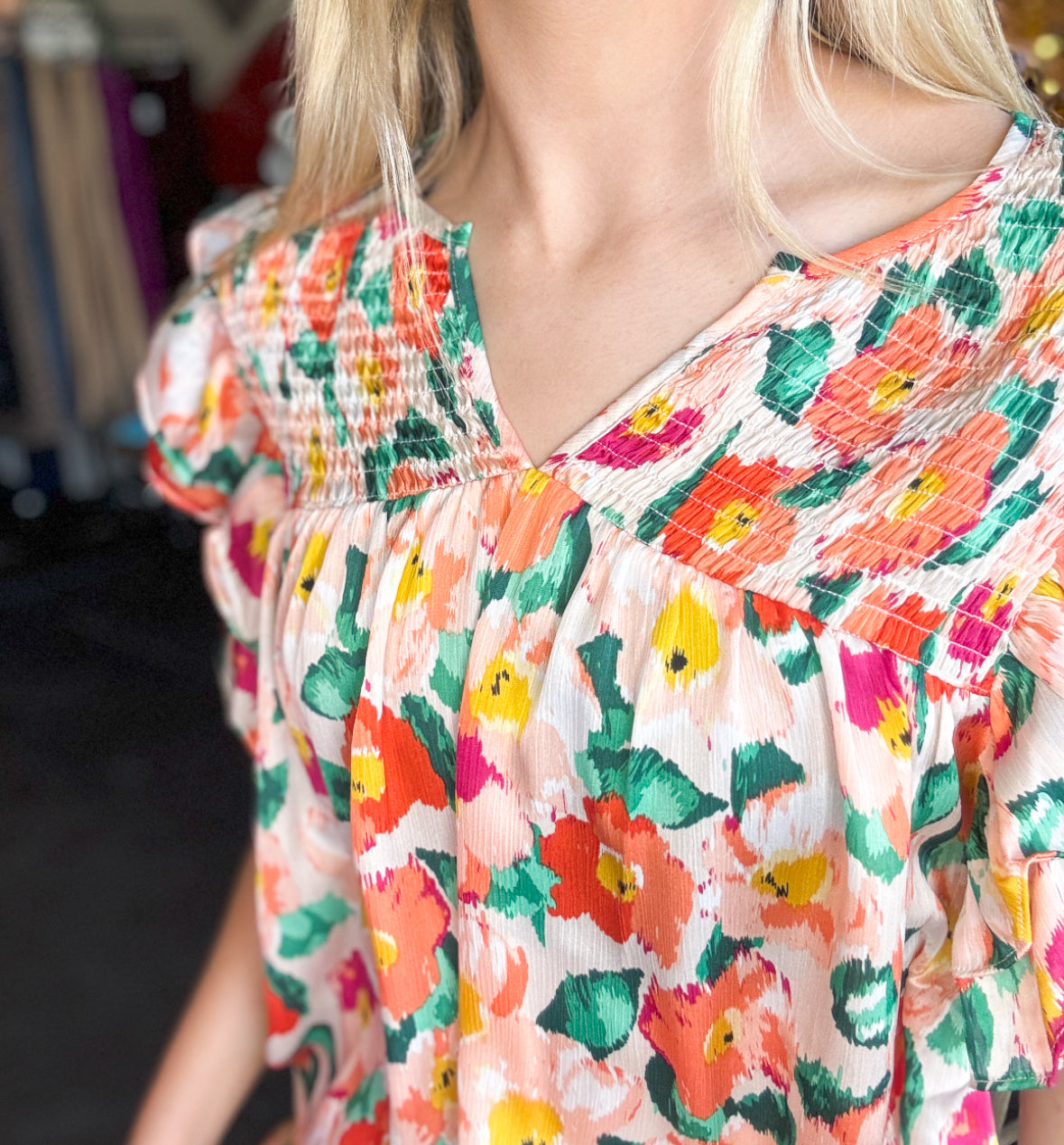 Tops | Floral Print Woven With Smocking Top