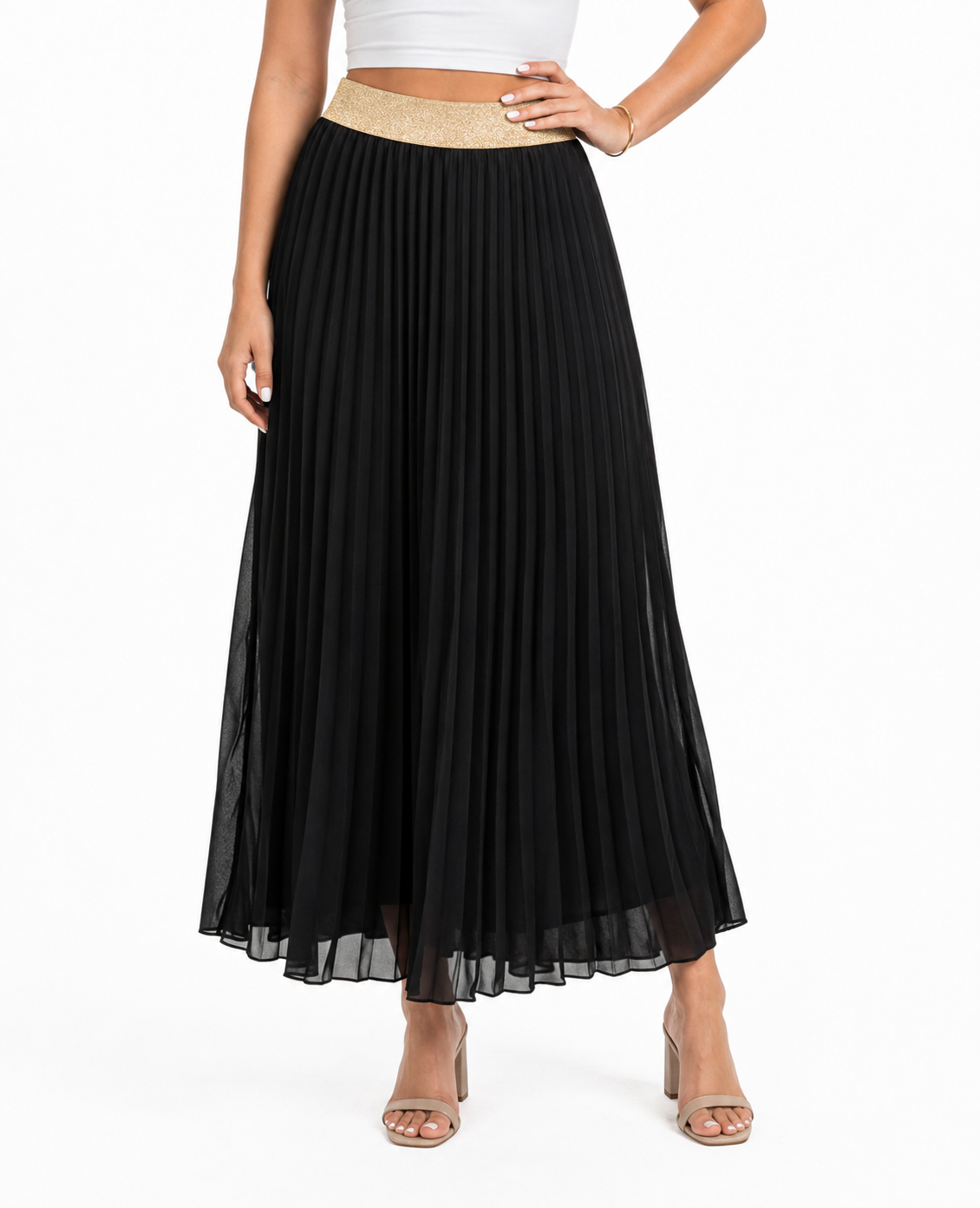 Skirt - Gold Waistband Pleated