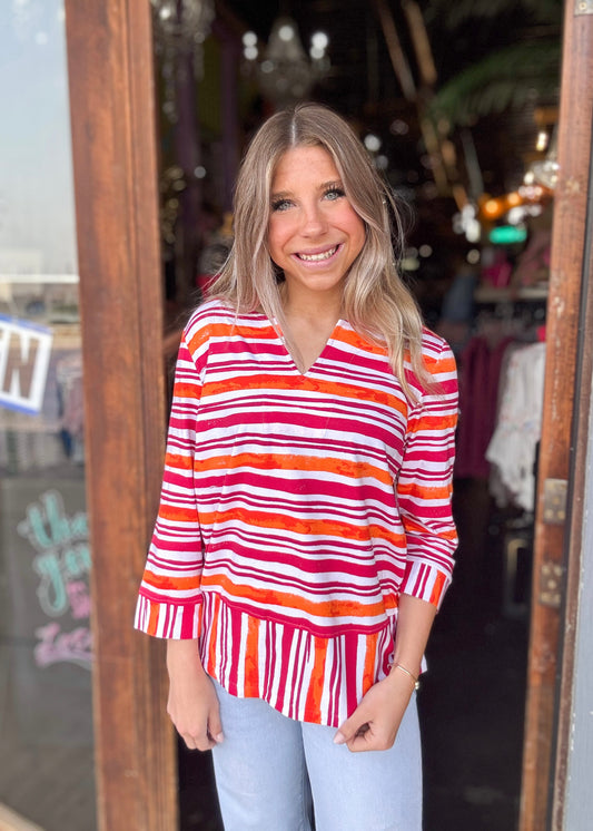 Top | A La Carte Printed Stripe Notch Neck Top