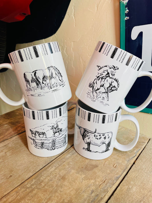 Western Ranch Life Mugs Assorted Set Of 4