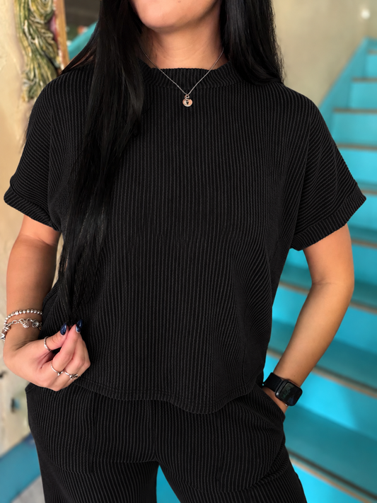 Set - Black Ribbed Short Sleeve & Pants