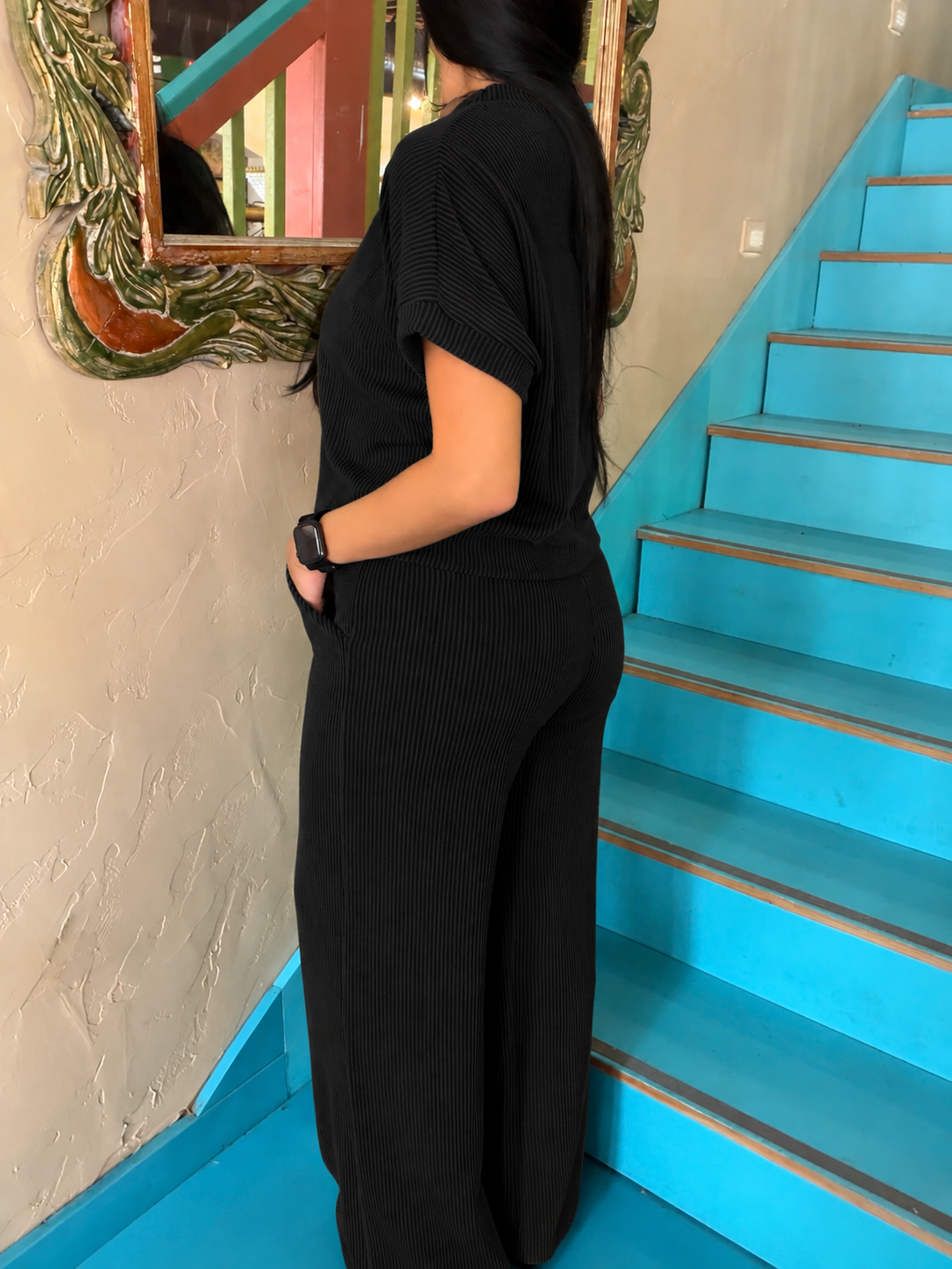 Set - Black Ribbed Short Sleeve & Pants