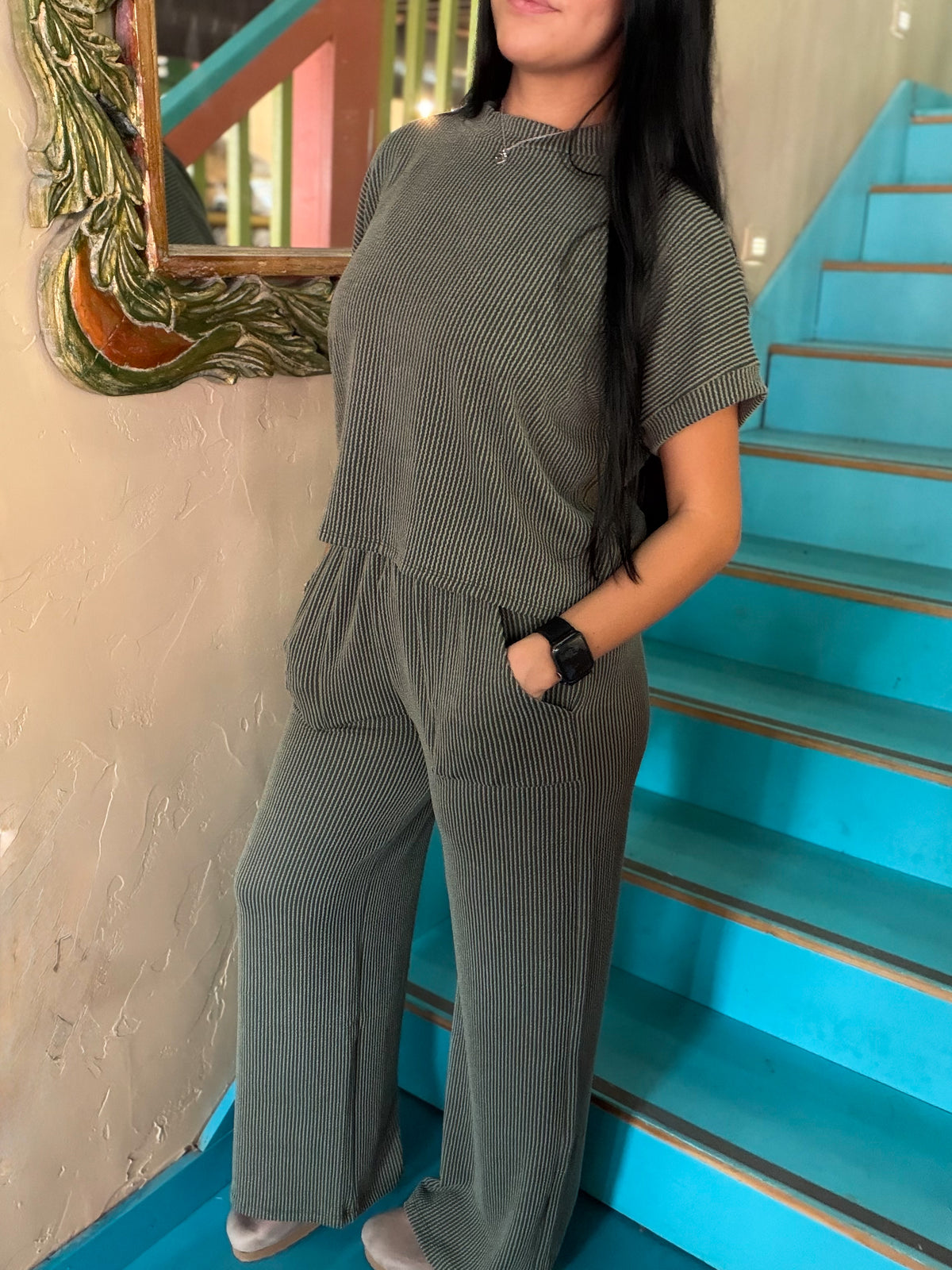 Set - Olive Ribbed Short Sleeve & Pants