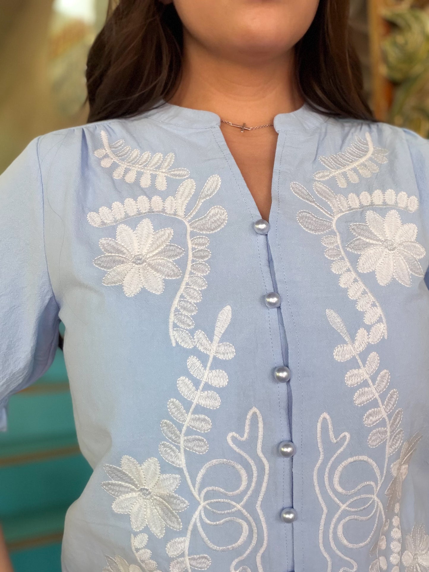 Sky Boho Puff Sleeve Blouse
