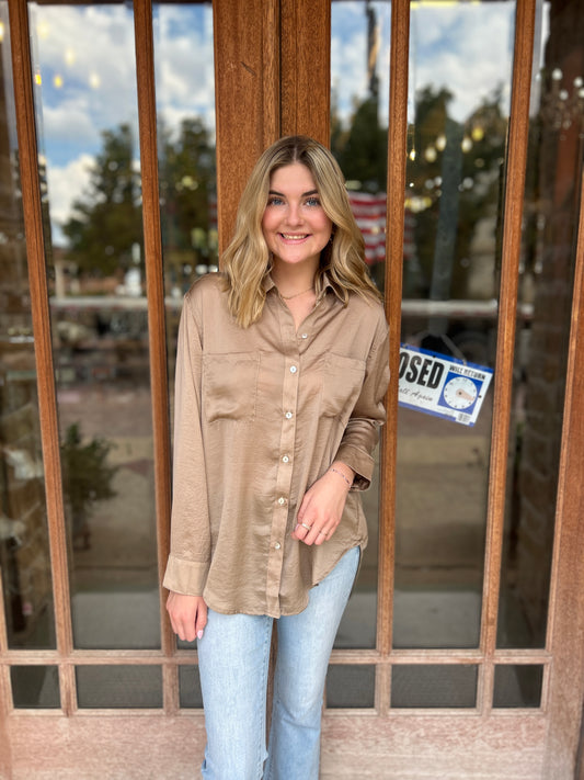Tops | Blouse Khaki Silky Button Down Long Sleeve