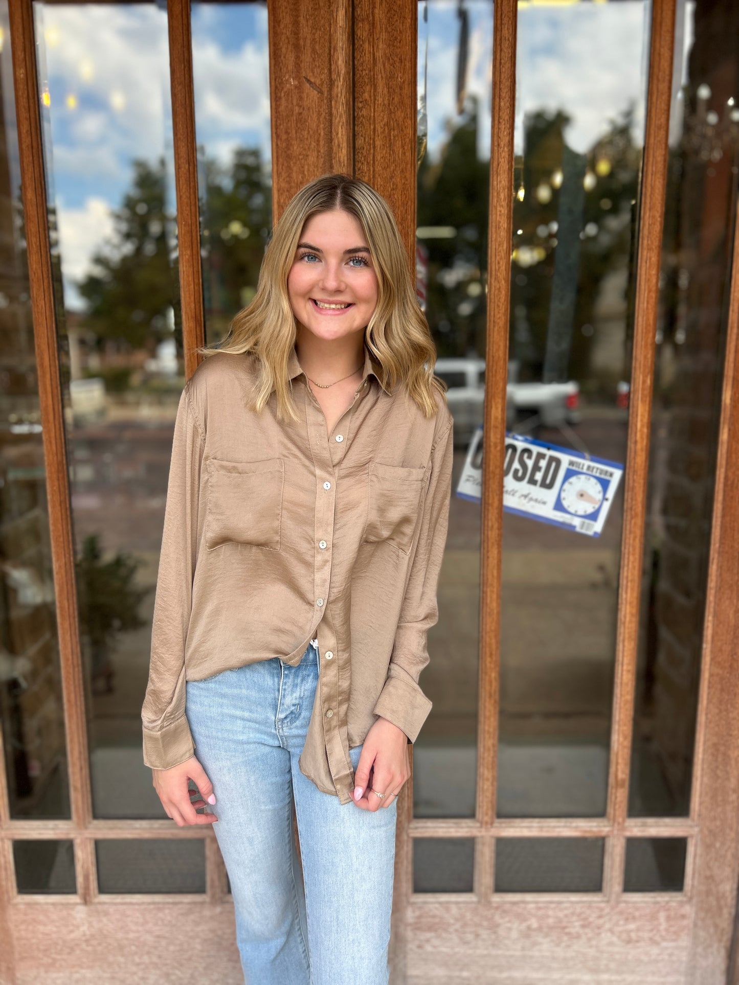 Tops | Blouse Khaki Silky Button Down Long Sleeve