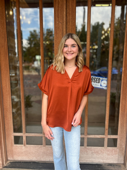 Tops | Blouse Rust V-Neck Placket Cuffs Sleeve