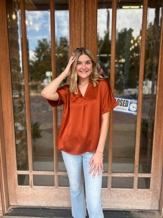 Tops | Blouse Rust V-Neck Placket Cuffs Sleeve