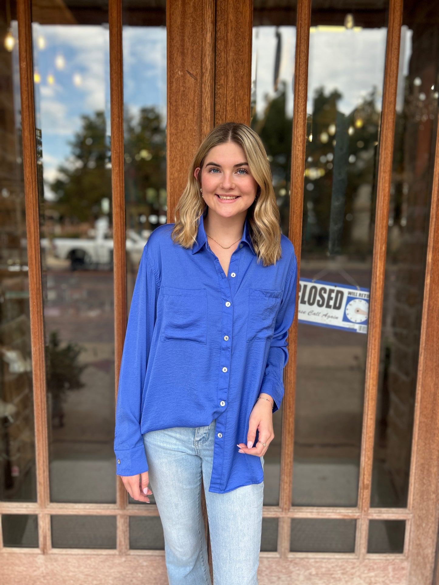Tops | Blouse Royal Blue Silky Button Down Long Sleeve
