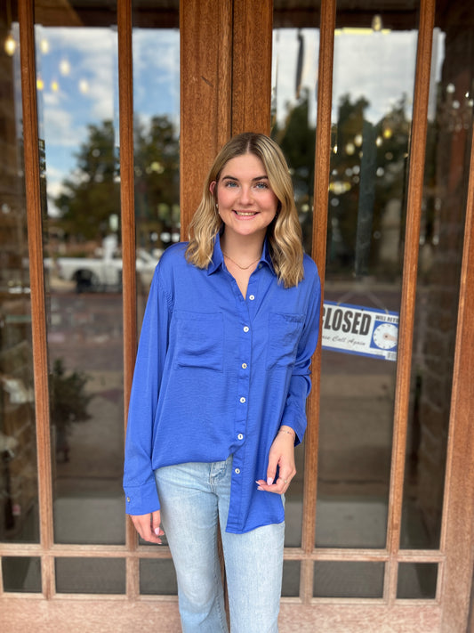 Tops | Blouse Royal Blue Silky Button Down Long Sleeve