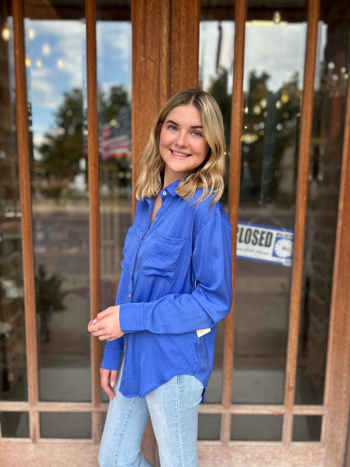 Tops | Blouse Royal Blue Silky Button Down Long Sleeve
