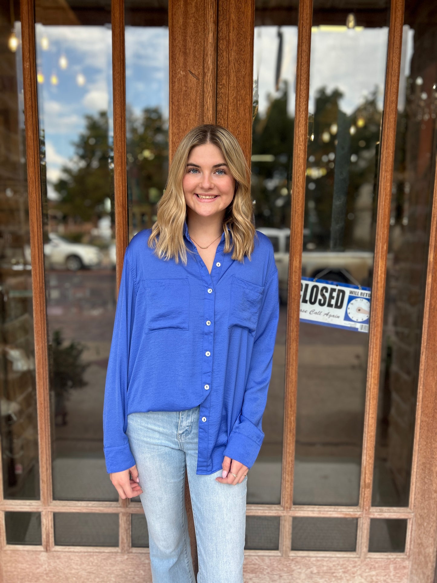 Tops | Blouse Royal Blue Silky Button Down Long Sleeve