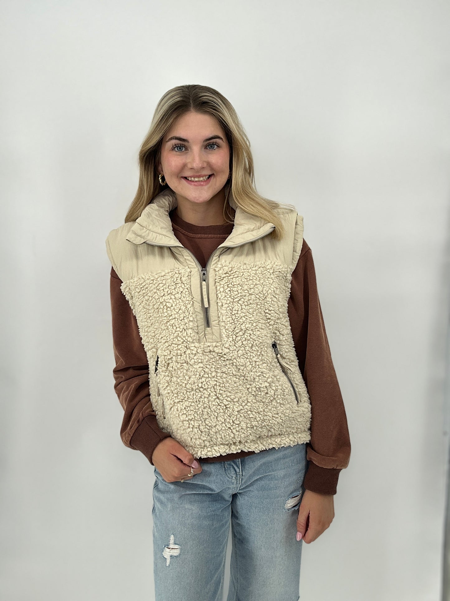 Tops | Vest Sherpa Contrast High Stand Collar