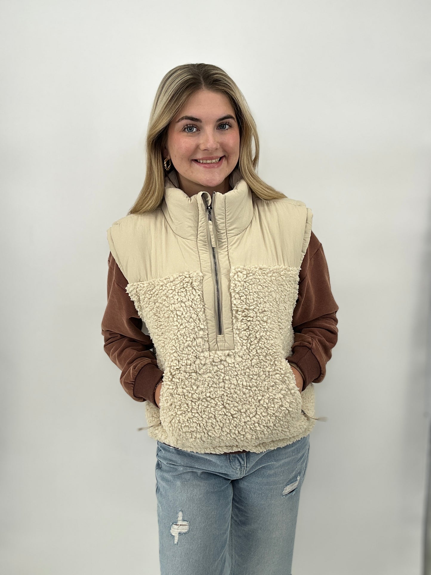 Tops | Vest Sherpa Contrast High Stand Collar