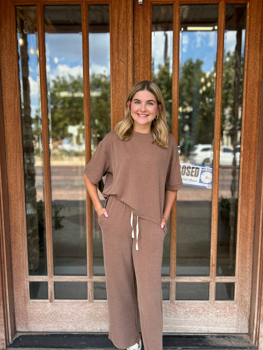 Sets | Brown Raised Rib Short Sleeve Tee & Pants