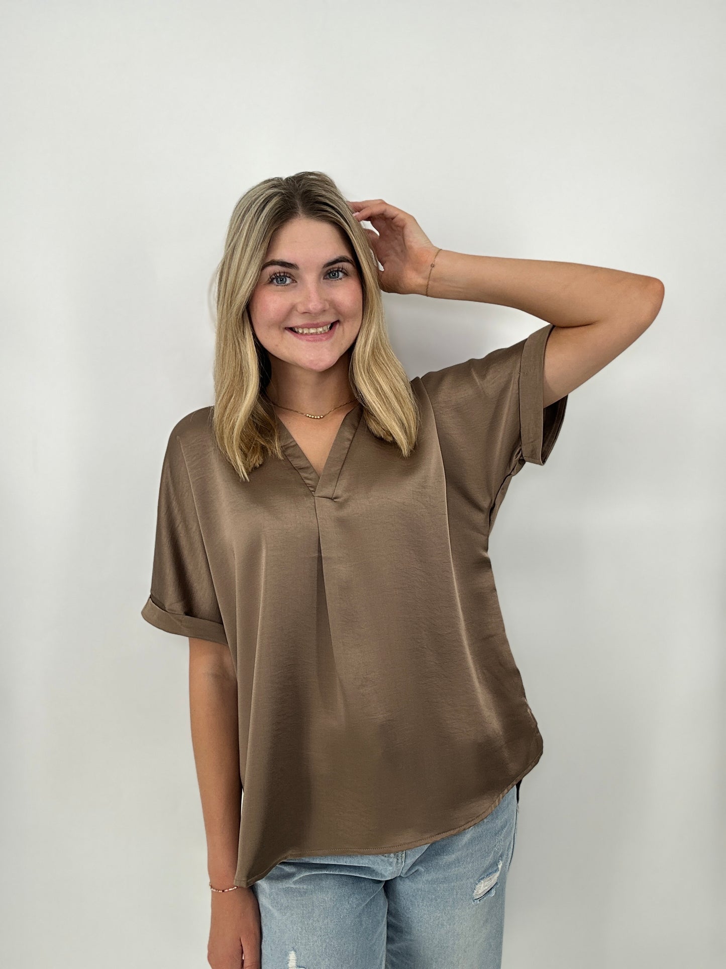 Tops | Blouse Mocha V-Neck Placket Cuffs Sleeve