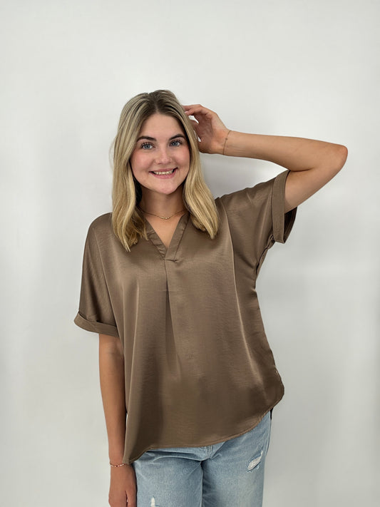 Tops | Blouse Mocha V-Neck Placket Cuffs Sleeve