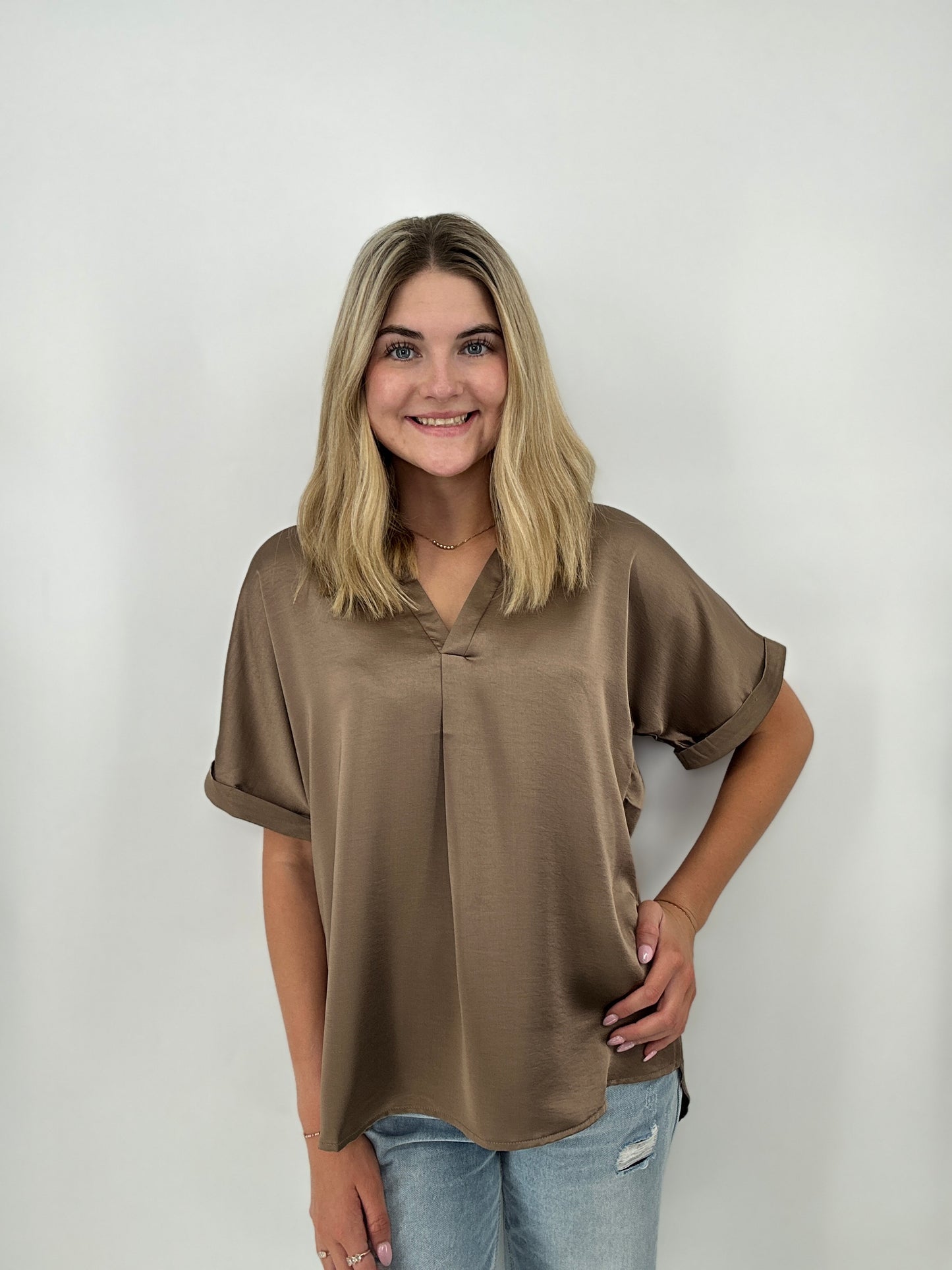 Tops | Blouse Mocha V-Neck Placket Cuffs Sleeve