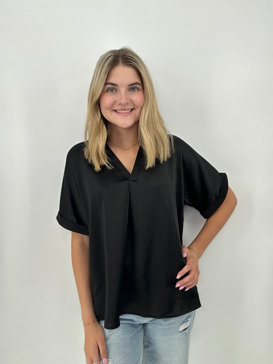 Tops | Blouse Black V-Neck Placket Cuffs Sleeve